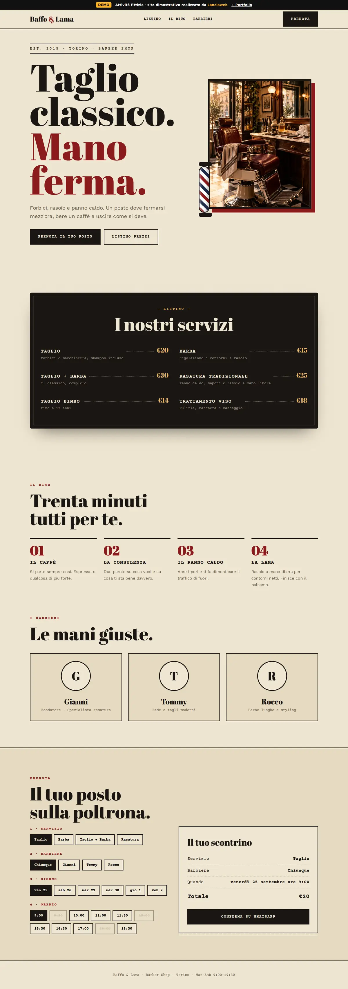 Pagina intera del sito demo Baffo & Lama