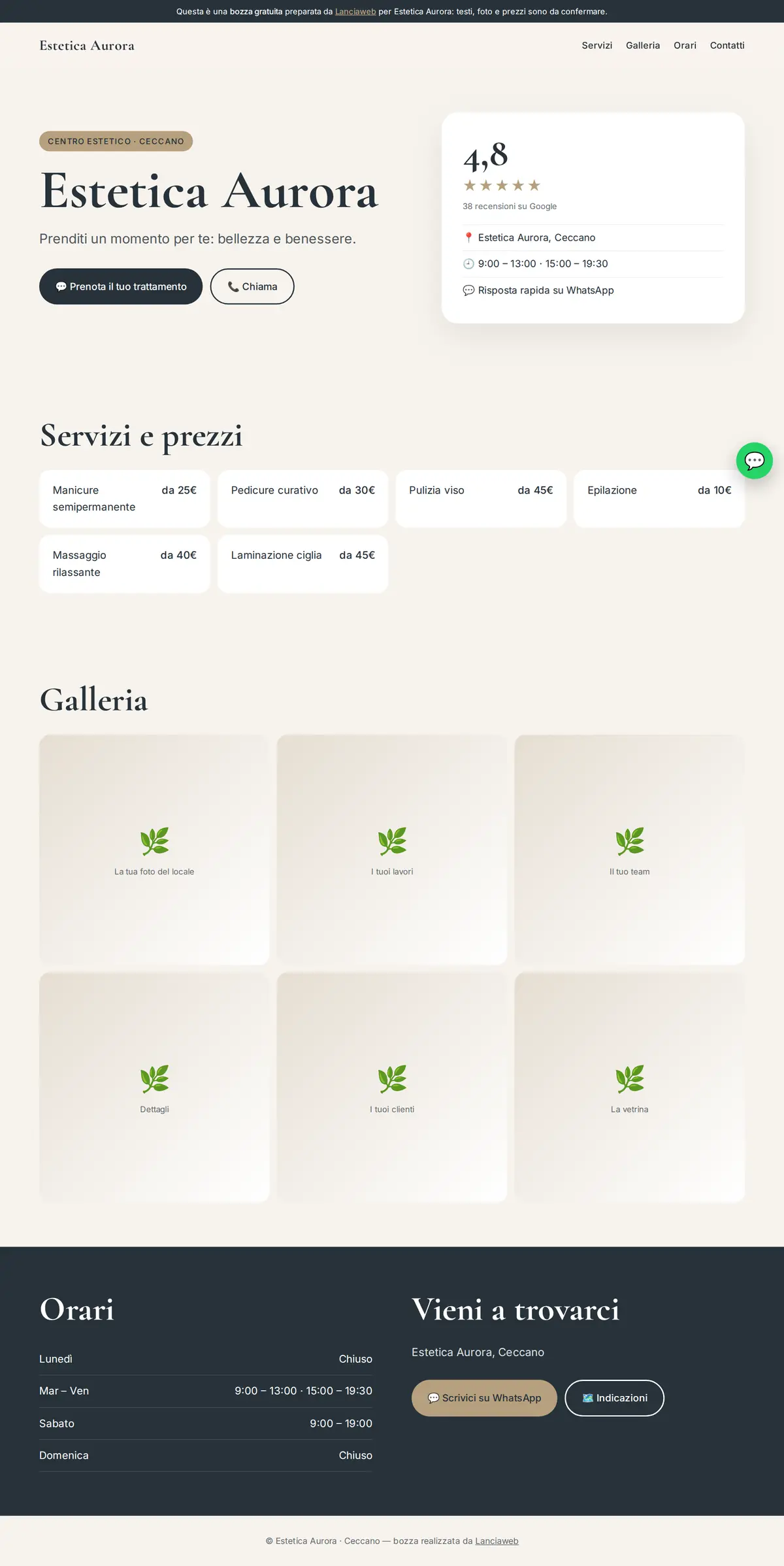 Pagina intera del sito demo Estetica Aurora