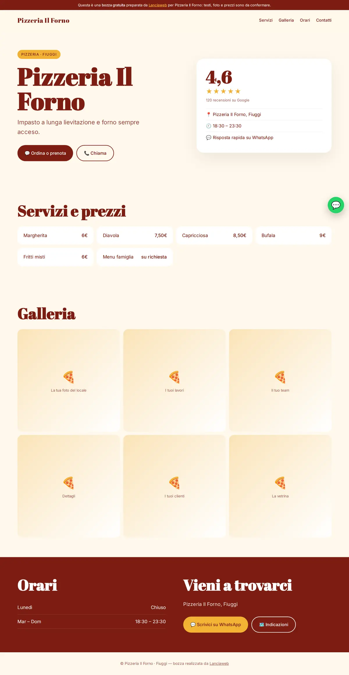 Pagina intera del sito demo Pizzeria Il Forno